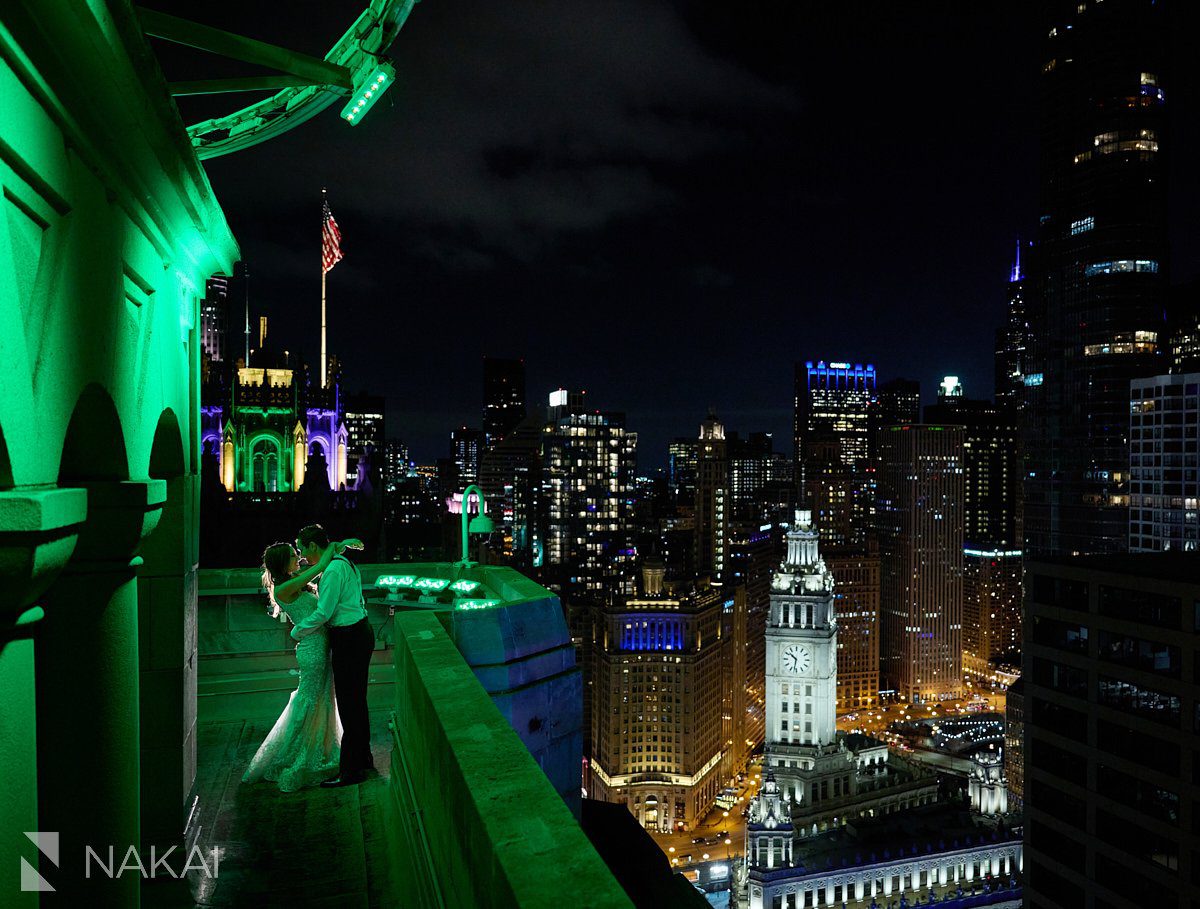 intercontinental chicago wedding photos rooftop at night bride groom