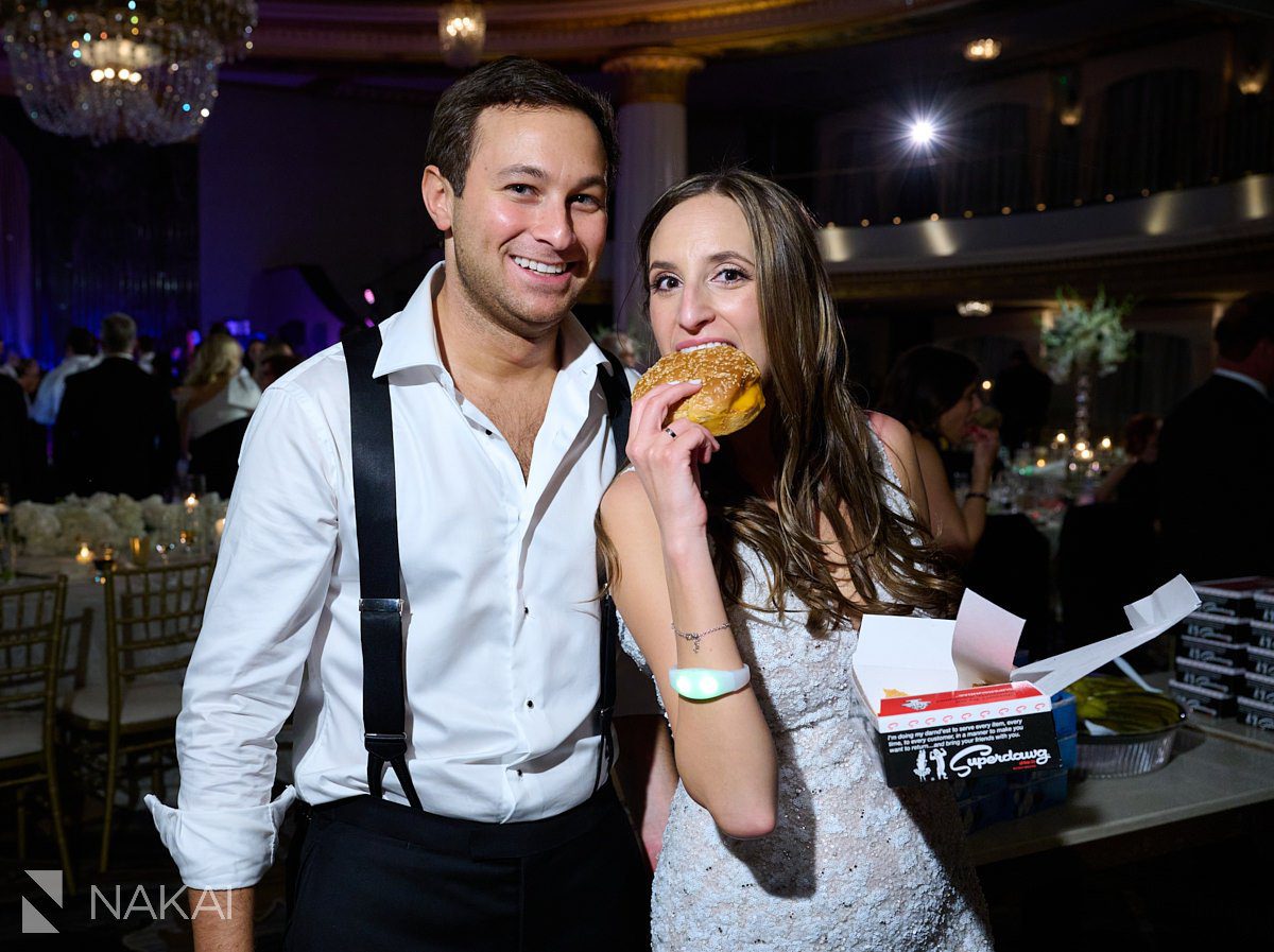 intercontinental chicago wedding photos reception late night snack superdawg