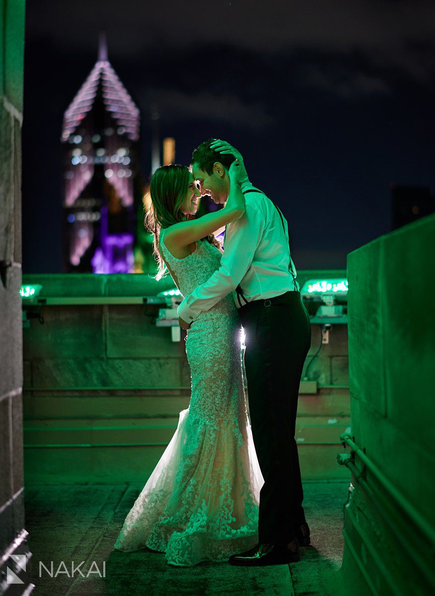 intercontinental chicago wedding photos rooftop at night bride groom