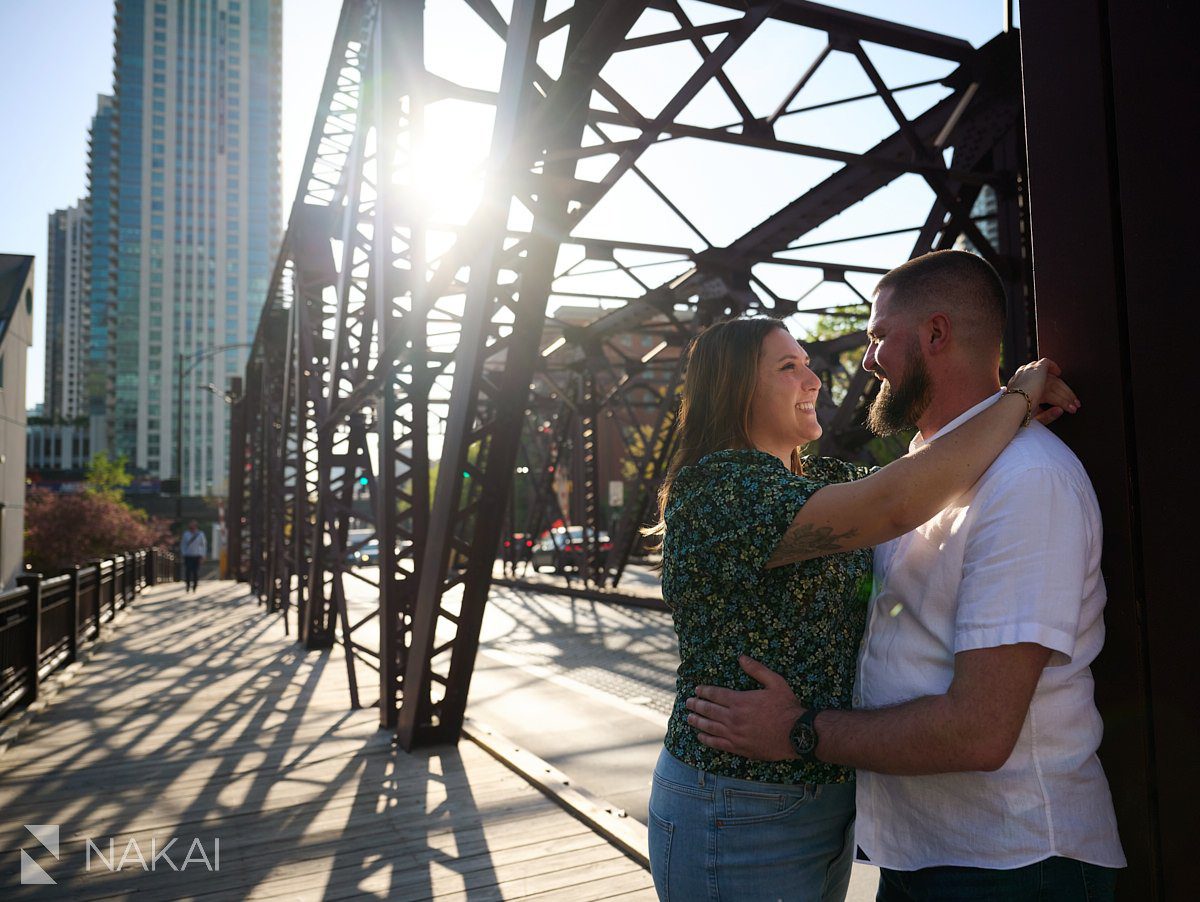 Kinzie bridge engagement photos chicago sun flare