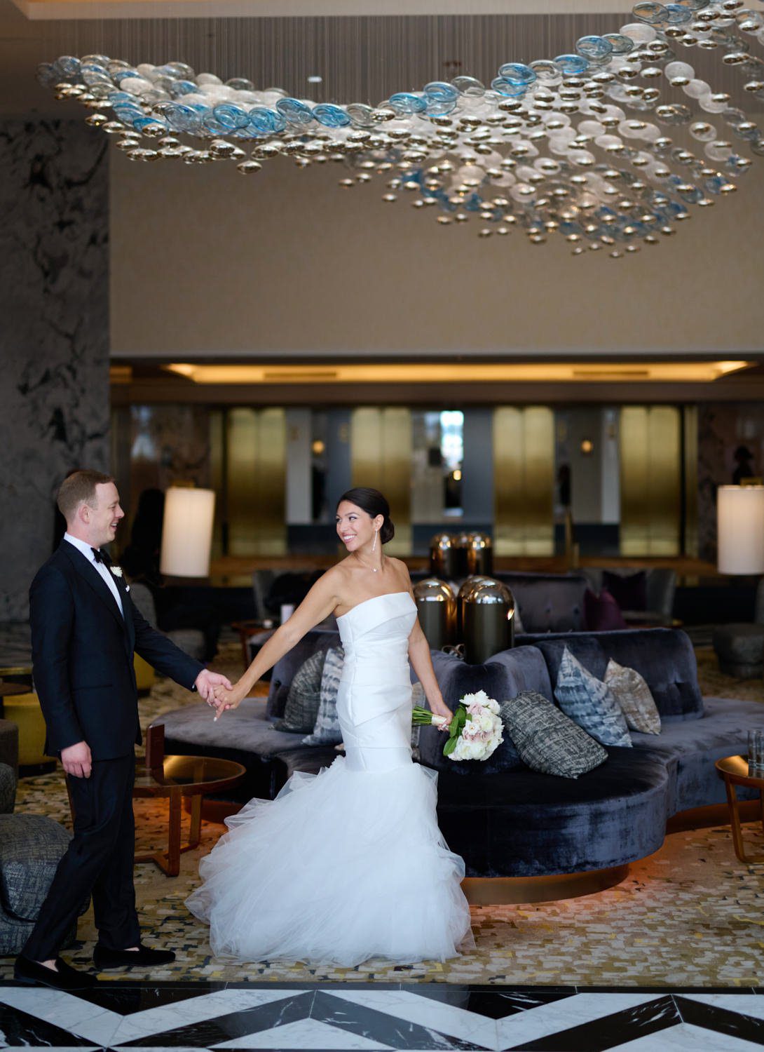 chicago ritz Carlton wedding photography lobby bride and groom