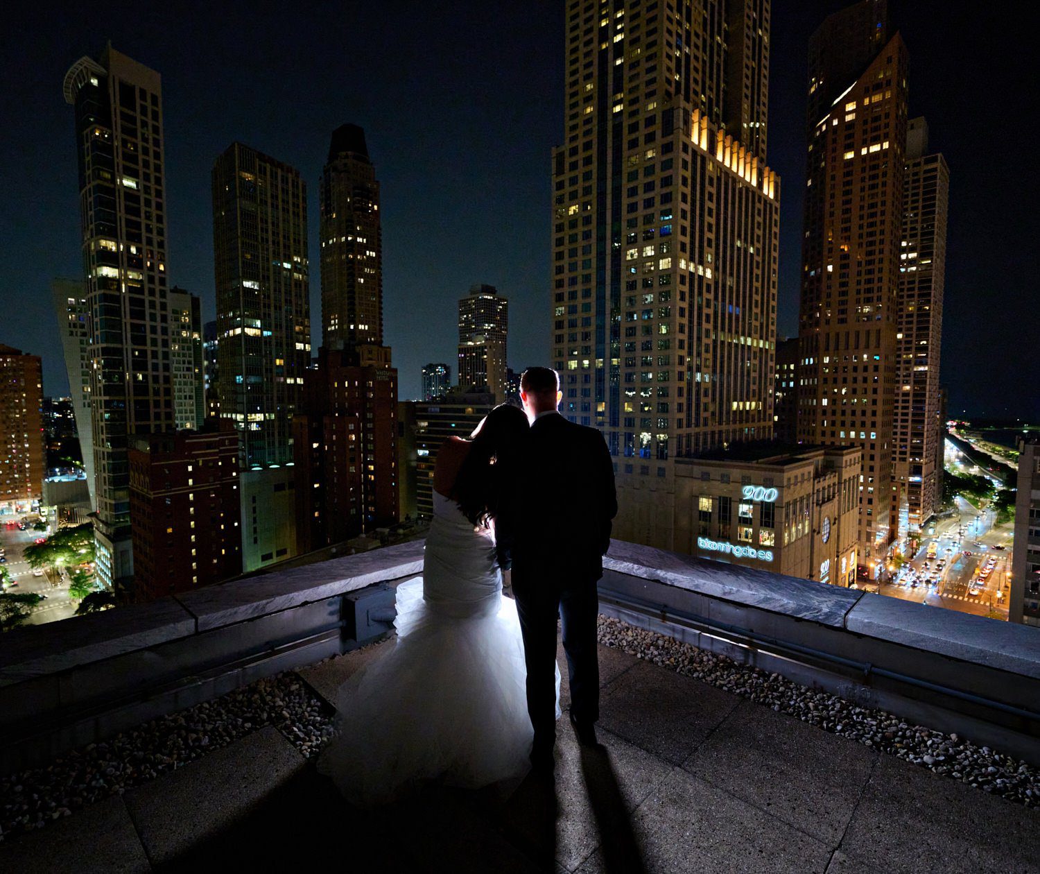 chicago ritz Carlton wedding photography rooftop at night bride and groom