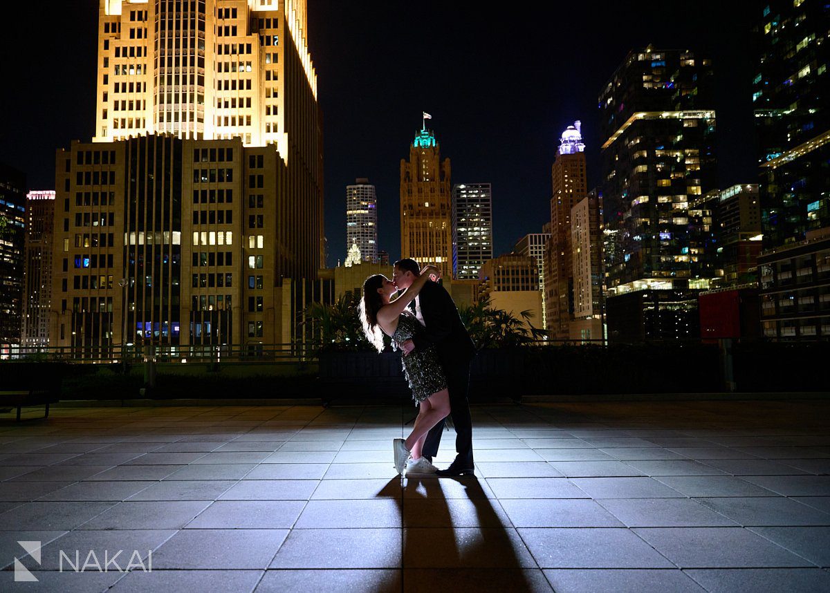 Loews chicago hotel wedding photos night time rooftop terrace bride groom