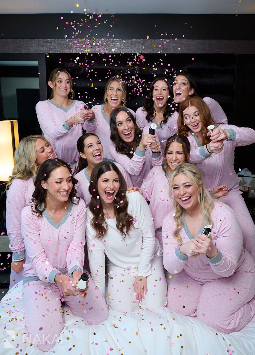 Loews chicago hotel wedding photos bridesmaids confetti on bed