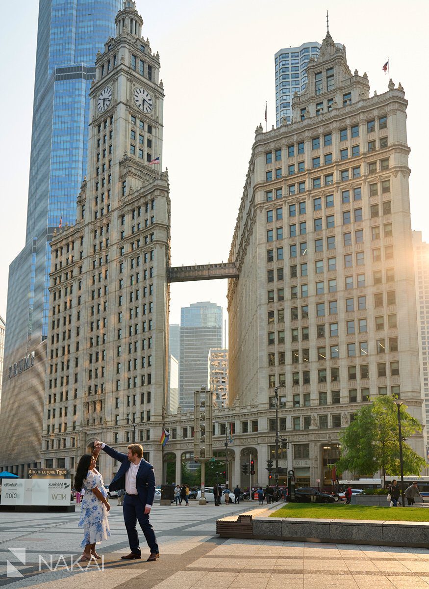 Chicago architecture engagement photos Wrigley building