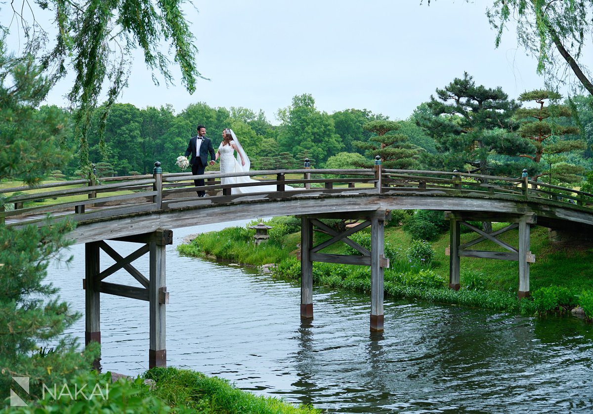 chicago botanic garden wedding photos Japanese garden bridge bride and groom