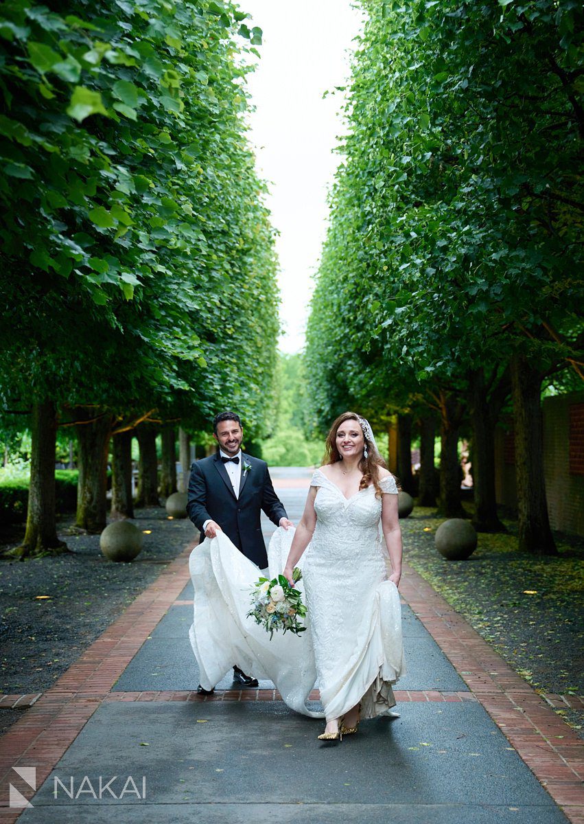 chicago botanic garden wedding photos walking between trees
