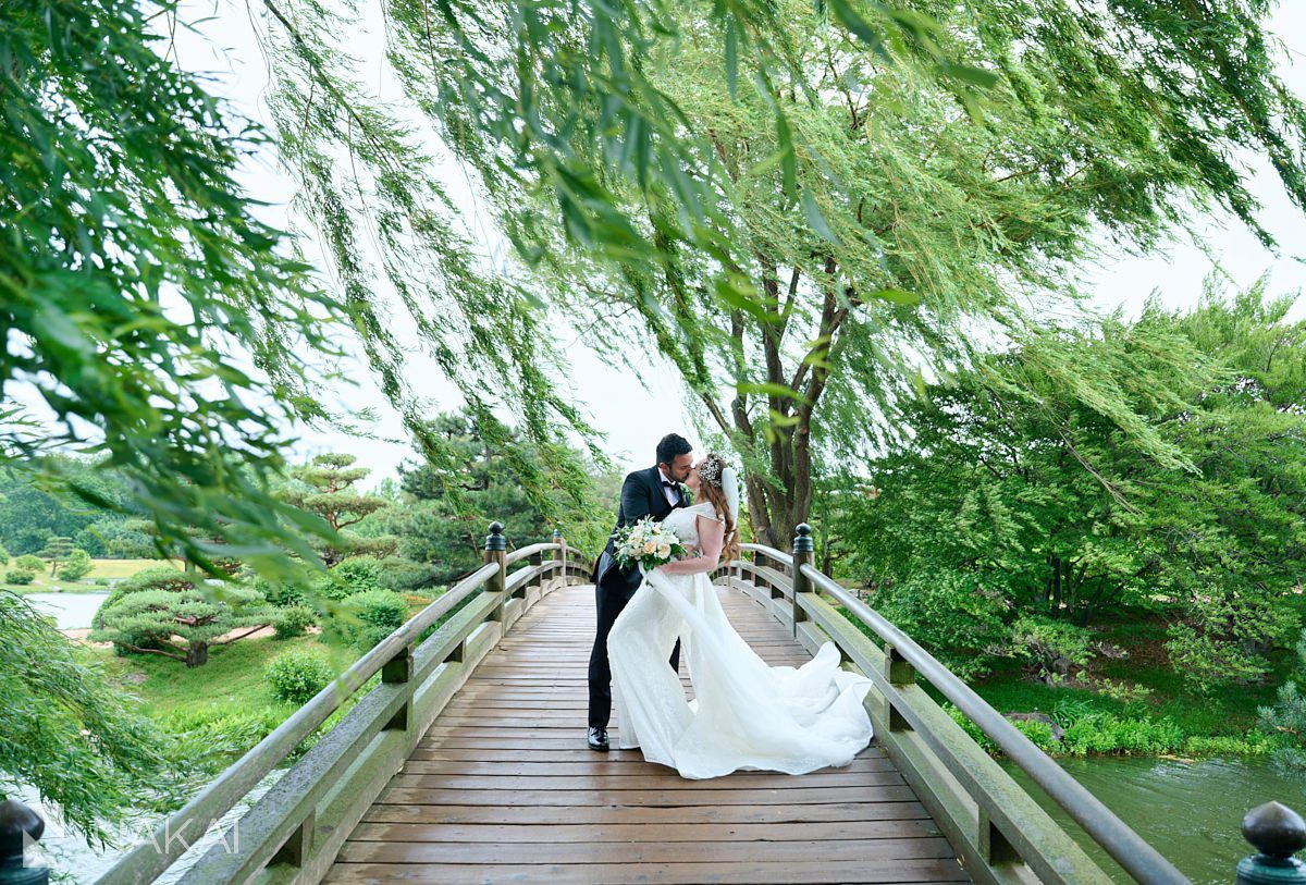 chicago botanic garden wedding photos Japanese garden bridge windy day