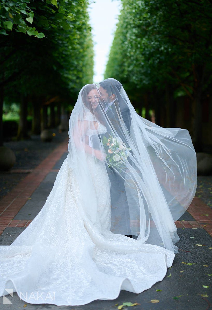 chicago botanic garden wedding photos veil bride and groom between trees