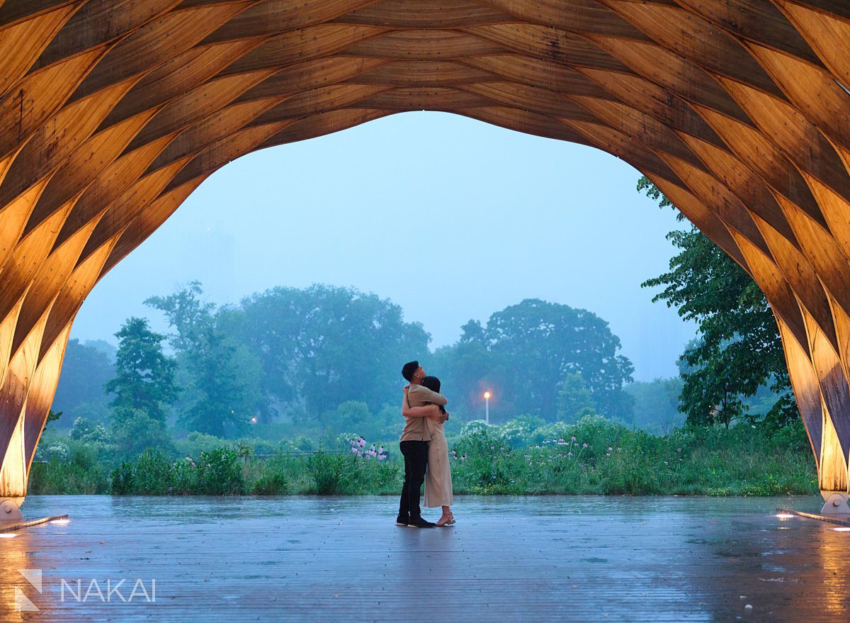 Lincoln park chicago proposal photos gateway in the rain