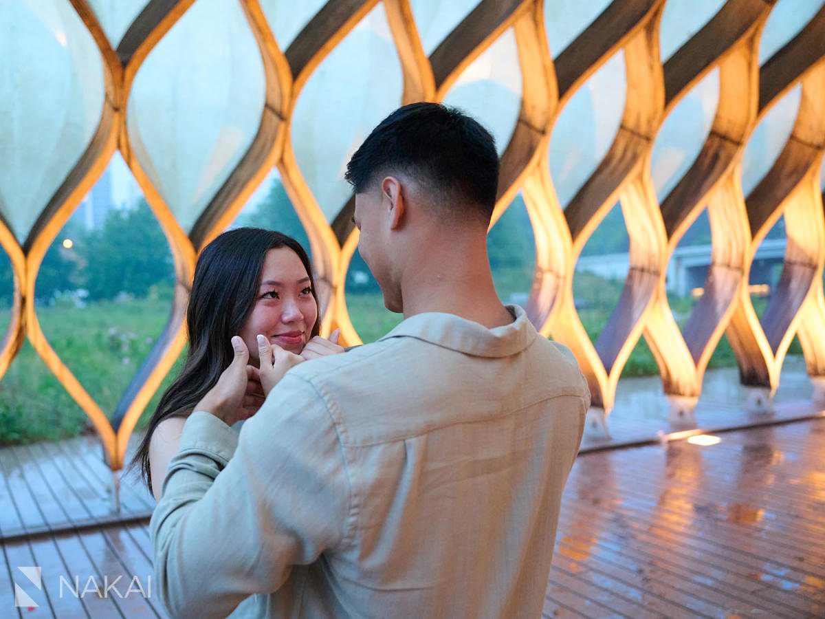 Lincoln park chicago proposal photos gateway in the rain