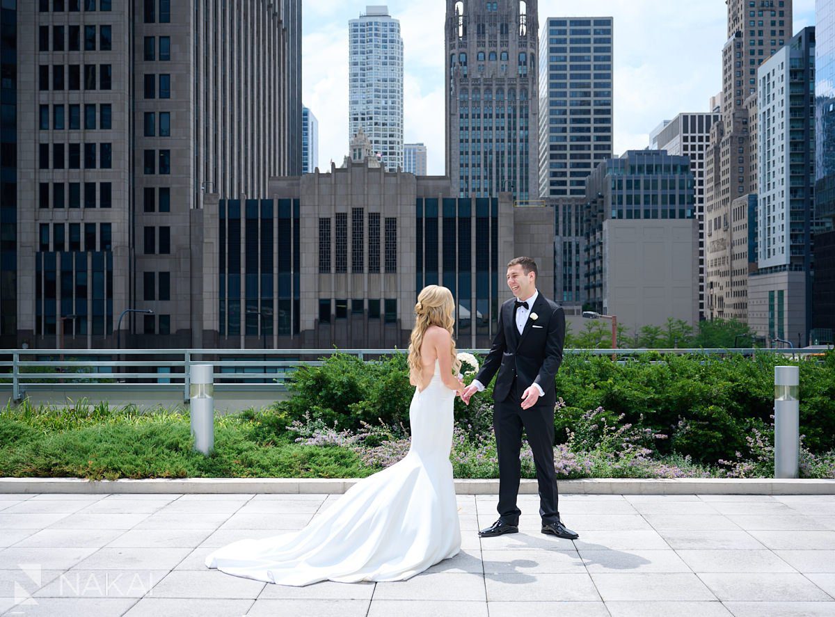 loews chicago wedding photos first look terrace bride groom