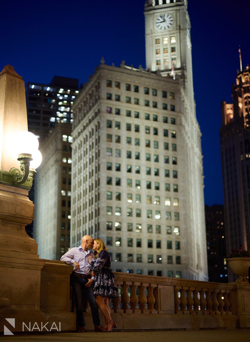 nighttime Chicago engagement photos Wrigley building