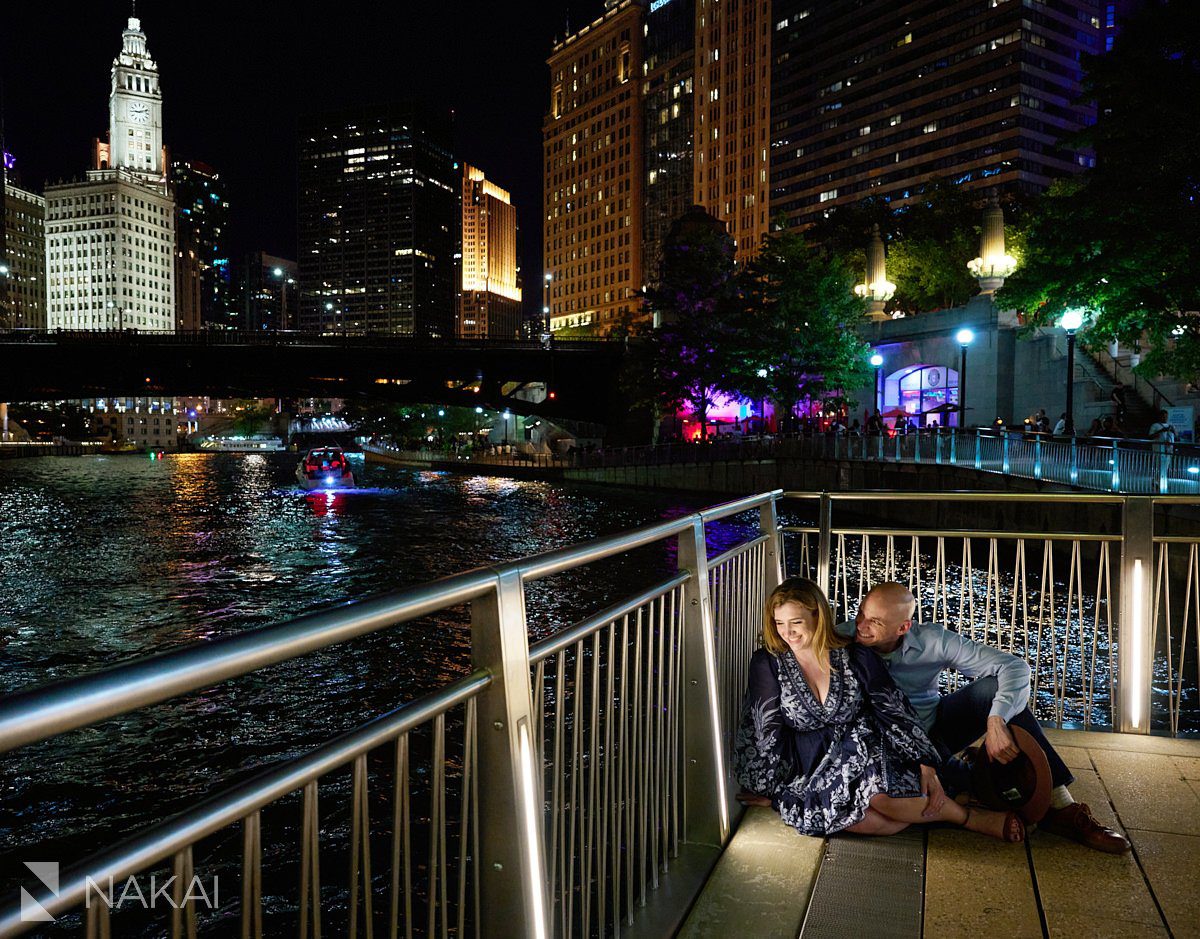 nighttime Chicago engagement photos riverwalk