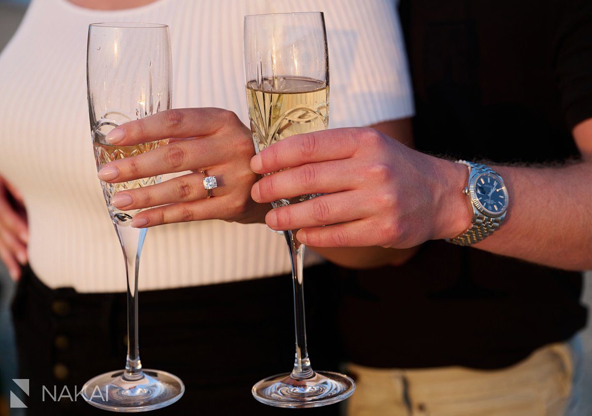 classic chicago engagement photos sunset champagne close up