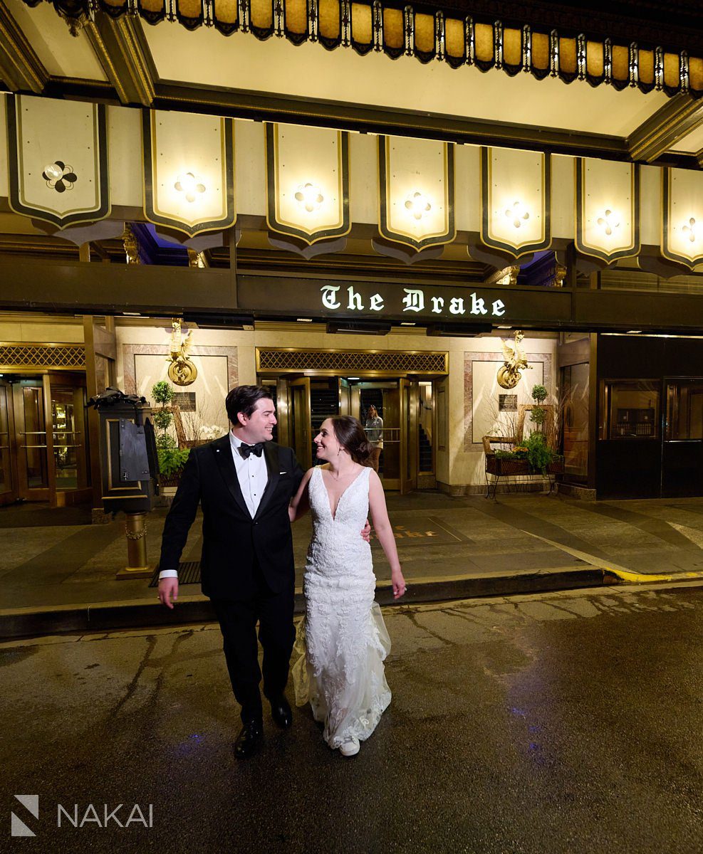the drake chicago wedding photos sign at night