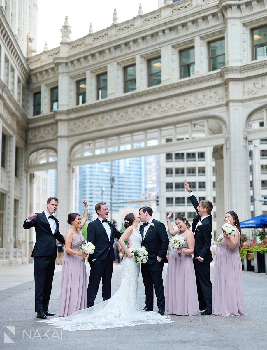 Wrigley building chicago wedding photos bridal party