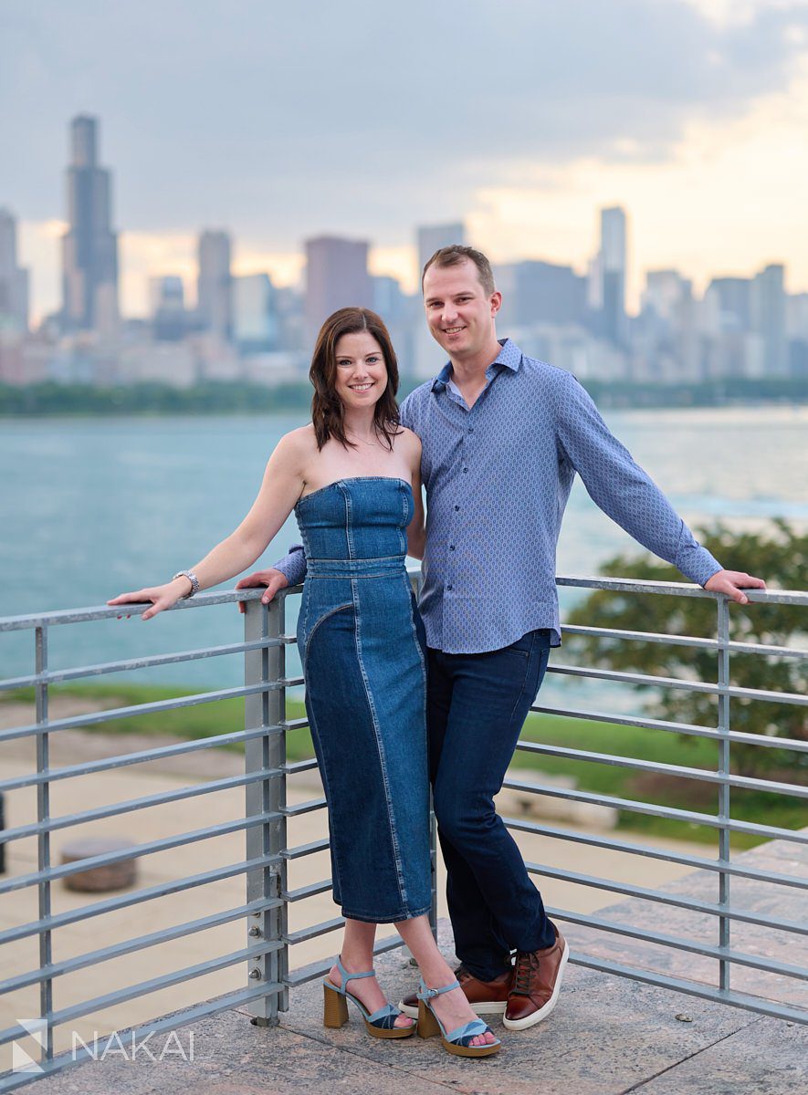 chicago adler planetarium engagement photo couple skyline background