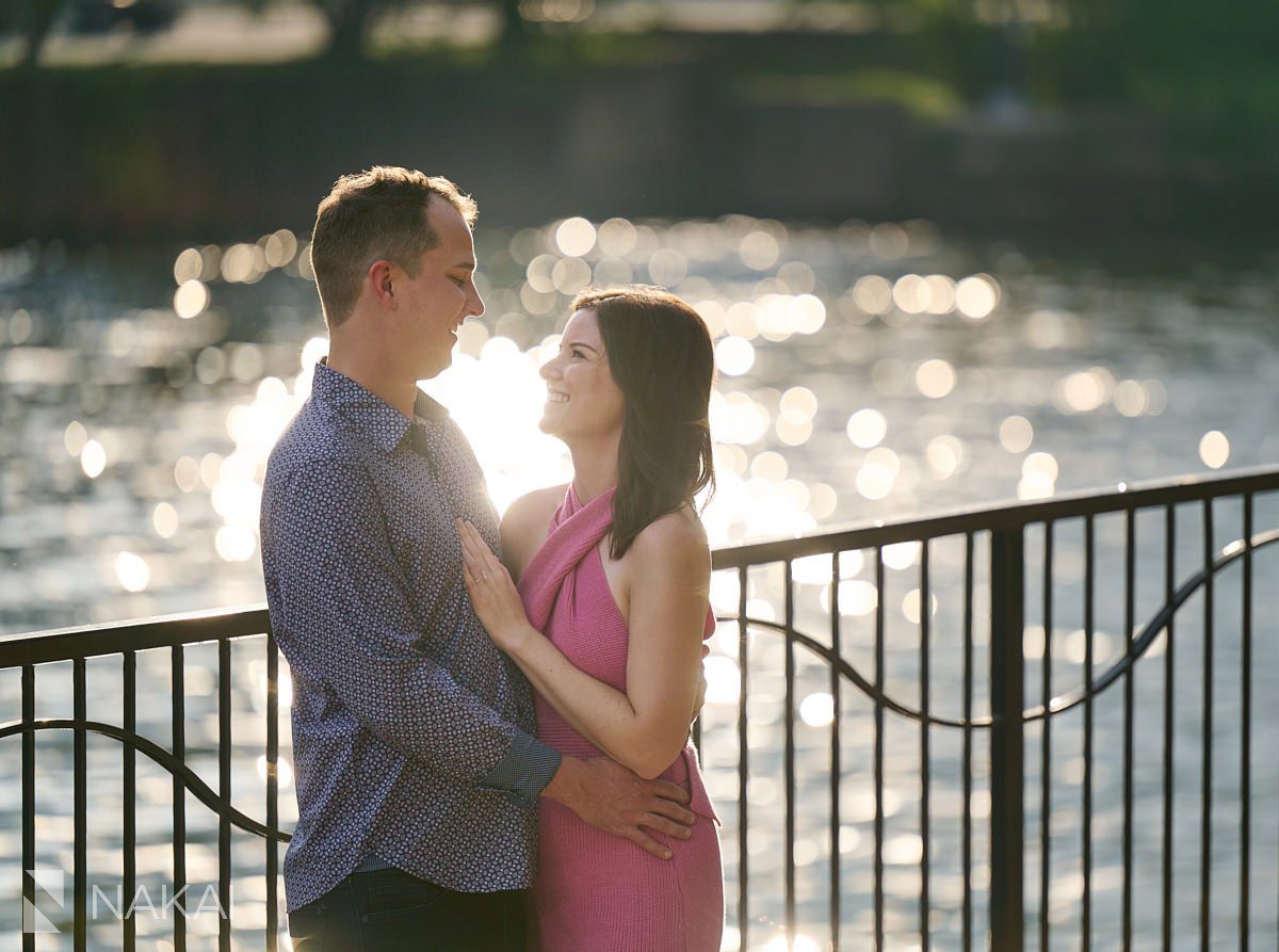 chicago engagement photos river north laughing by river