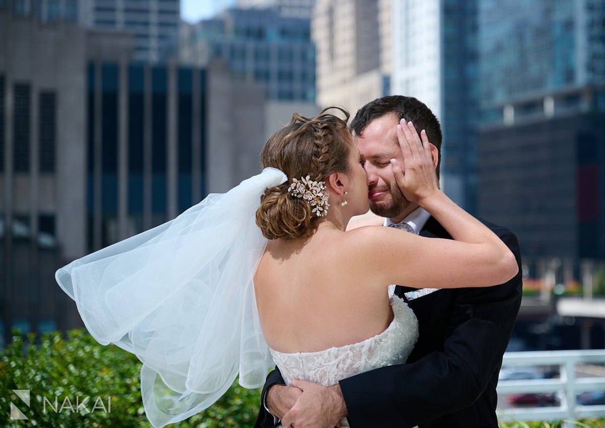 Loews Chicago Wedding pictures first look on rooftop terrace