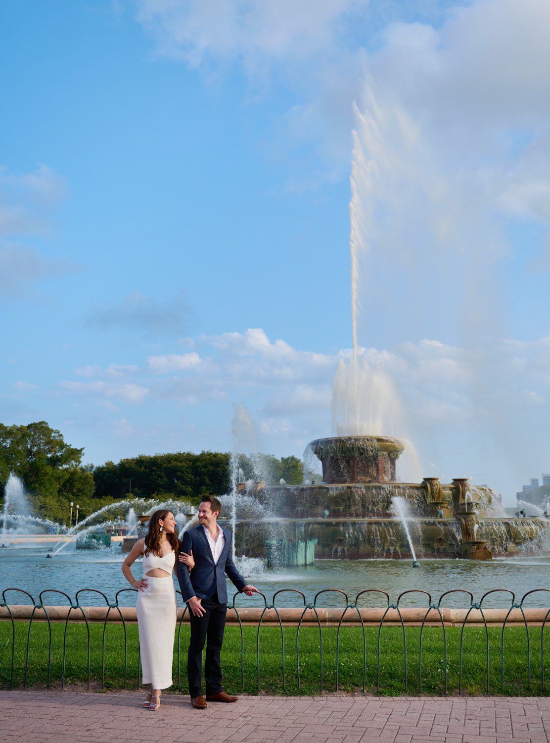 Buckingham Fountain engagement photos chicago romantic laughing