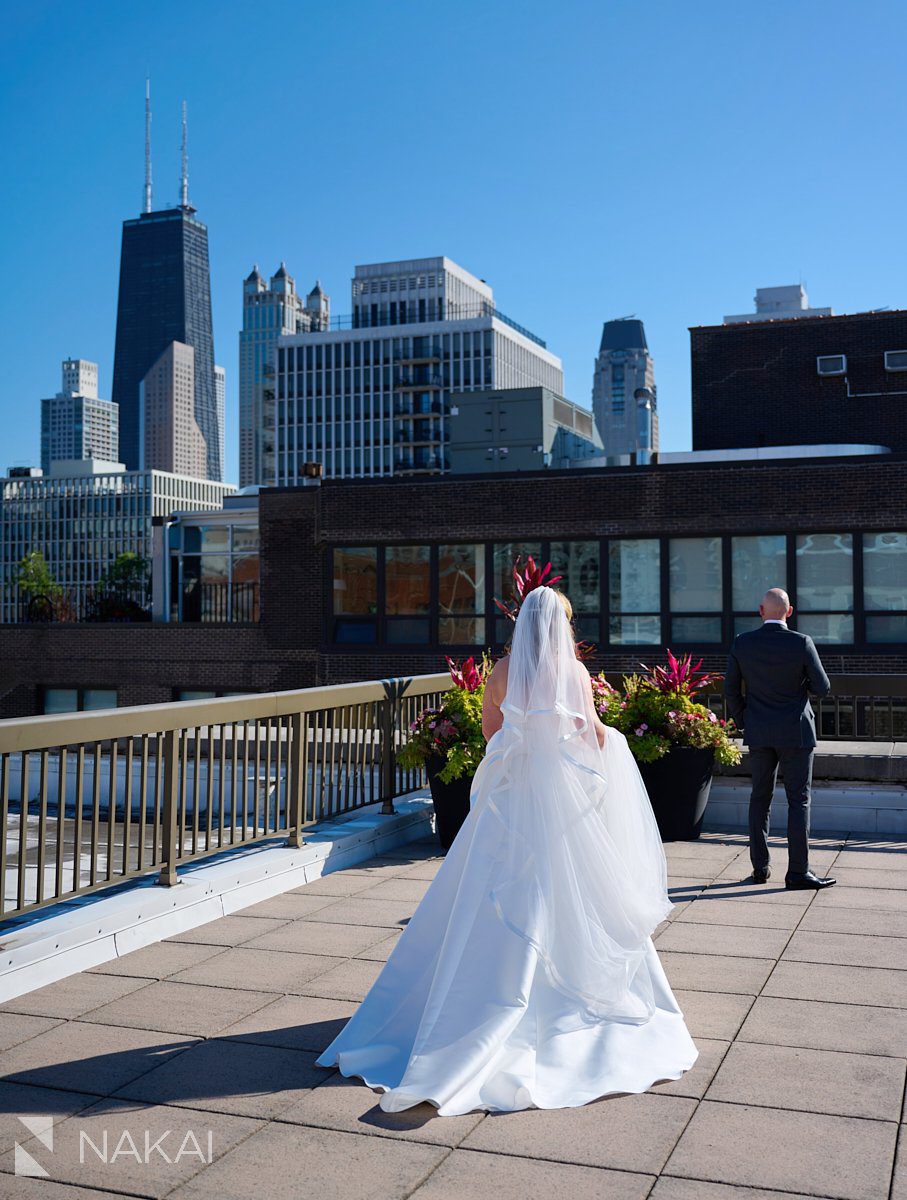 Chicago wedding photos first look rooftop Gold Coast 