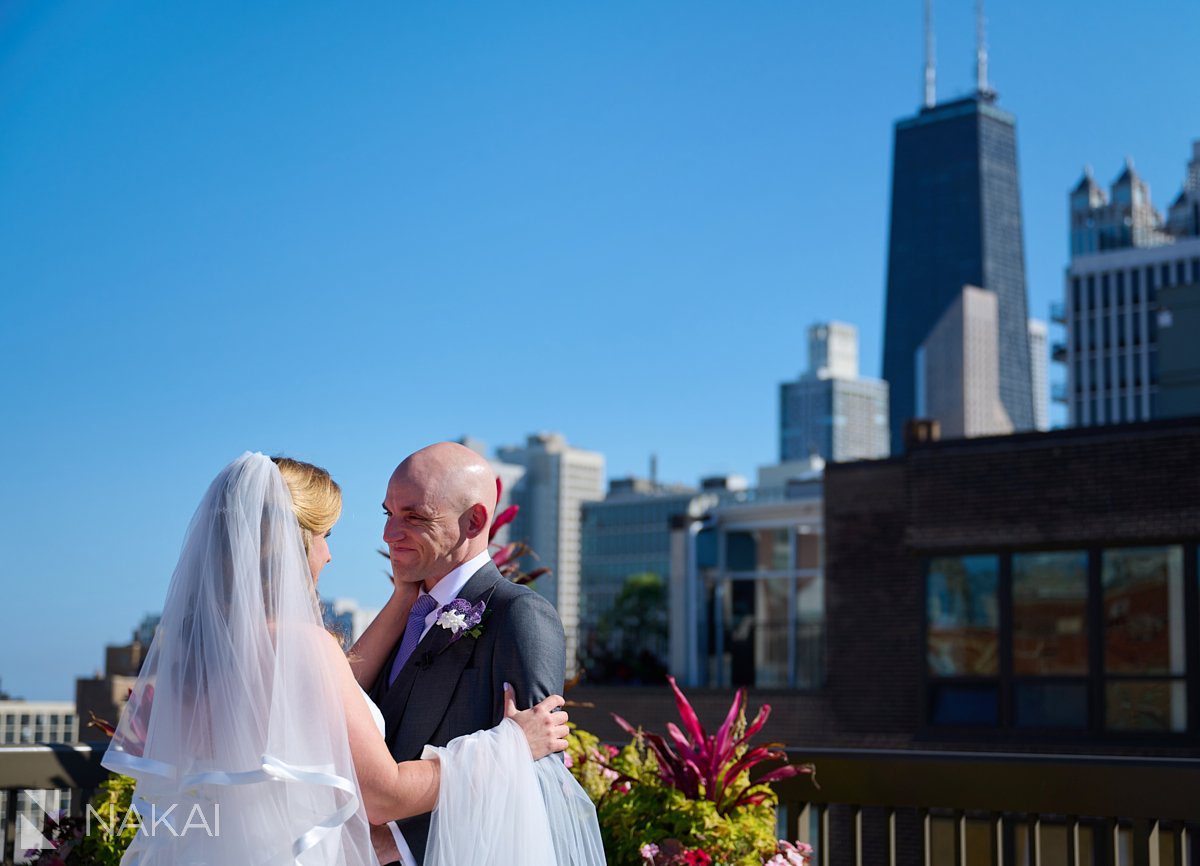 Chicago wedding photos first look rooftop Gold Coast 