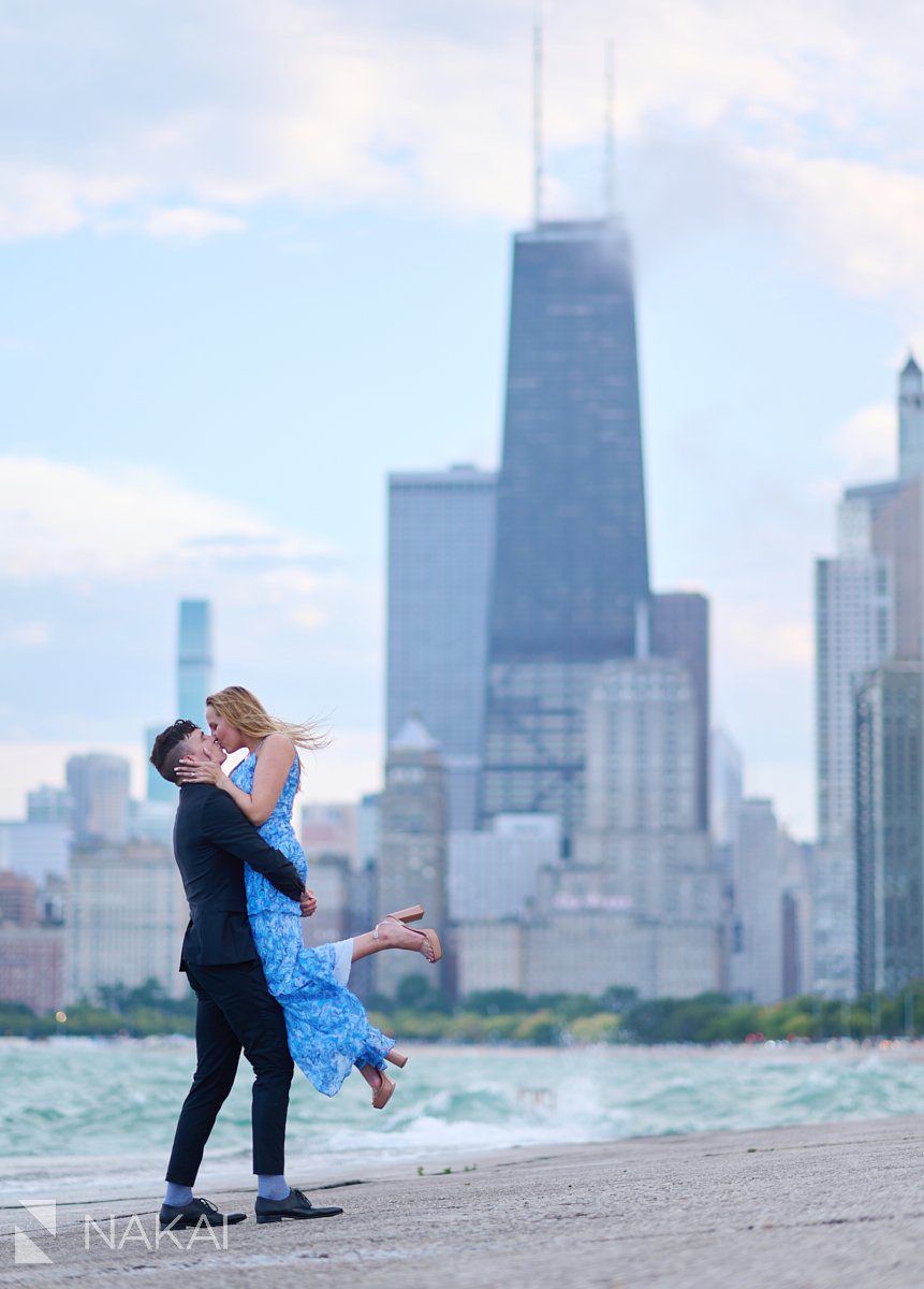 chicago north ave engagement photos skyline in background
