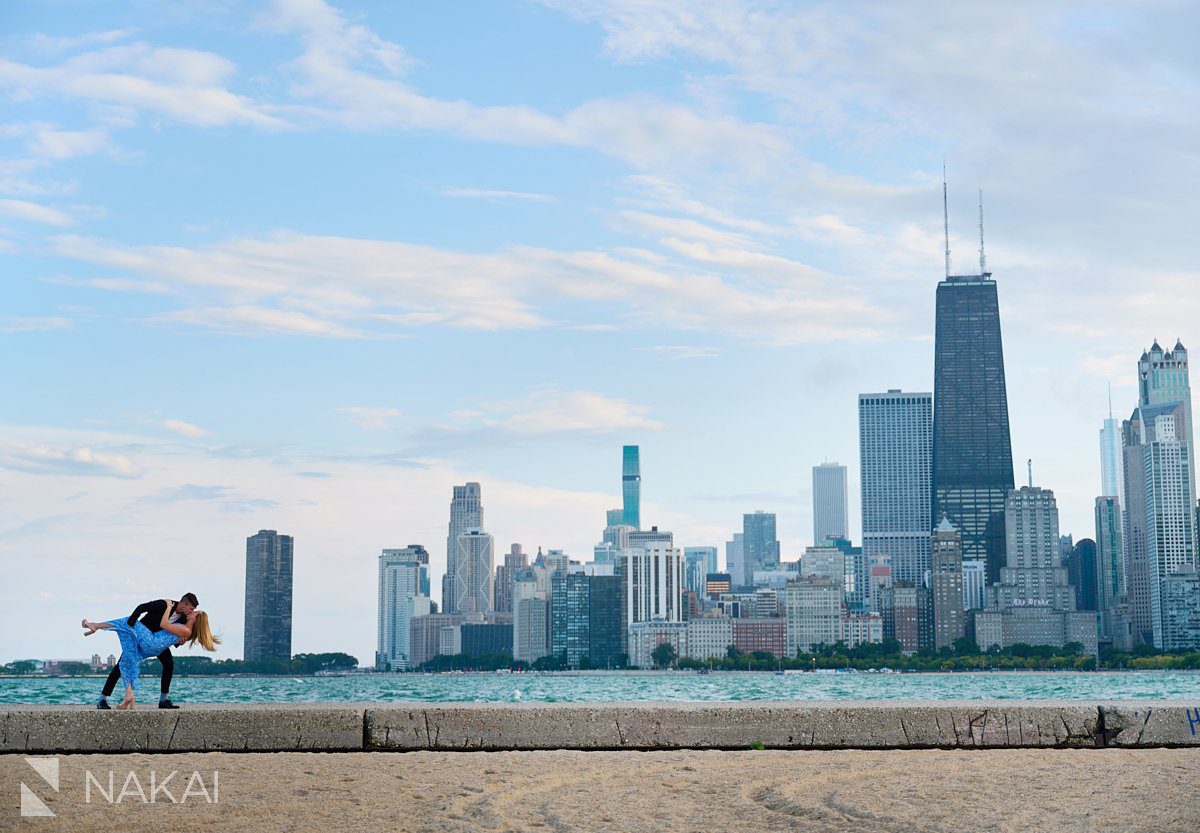 chicago north ave engagement photos skyline in background