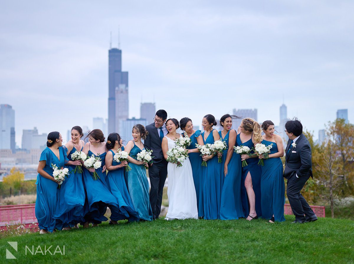 Chicago Ping Tom Park wedding photos bridal party skyline