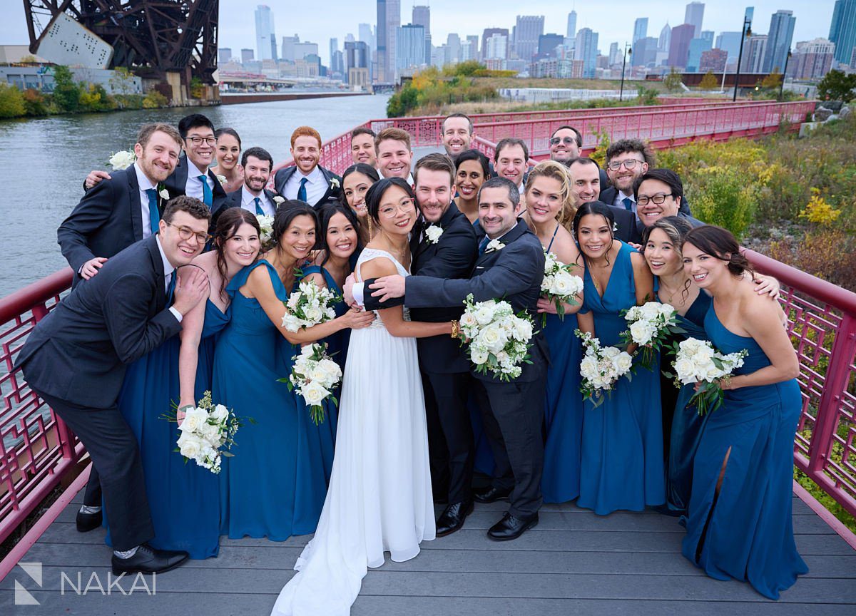 Chicago Ping Tom Park wedding photos multicultural bridal party red bridge