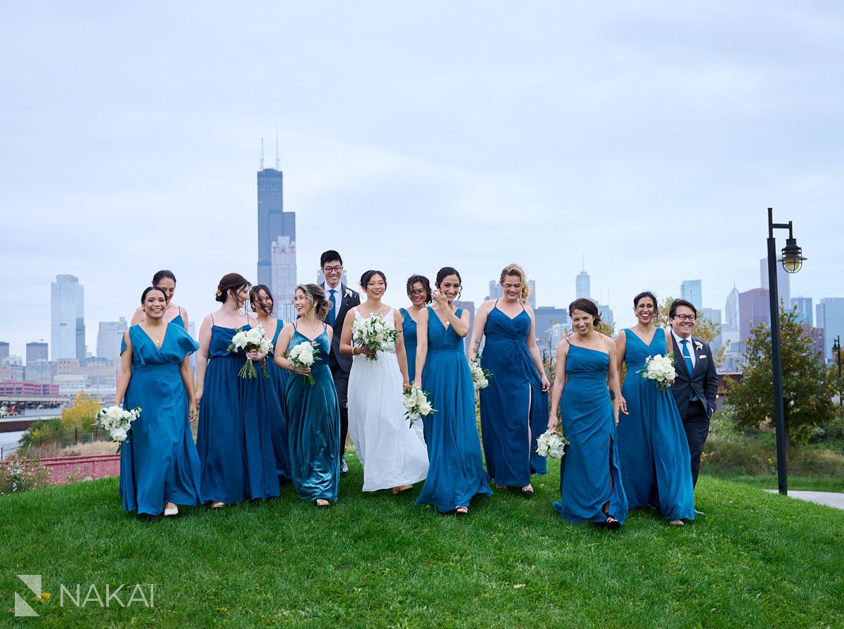 Chicago Ping Tom Park wedding photos bridal party skyline walking down hill