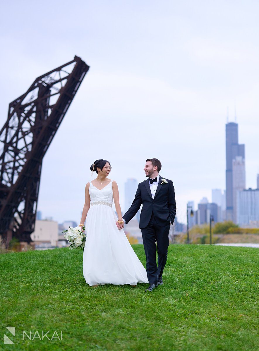 Chicago Ping Tom Park wedding photos multicultural bride party skyline walking down hill