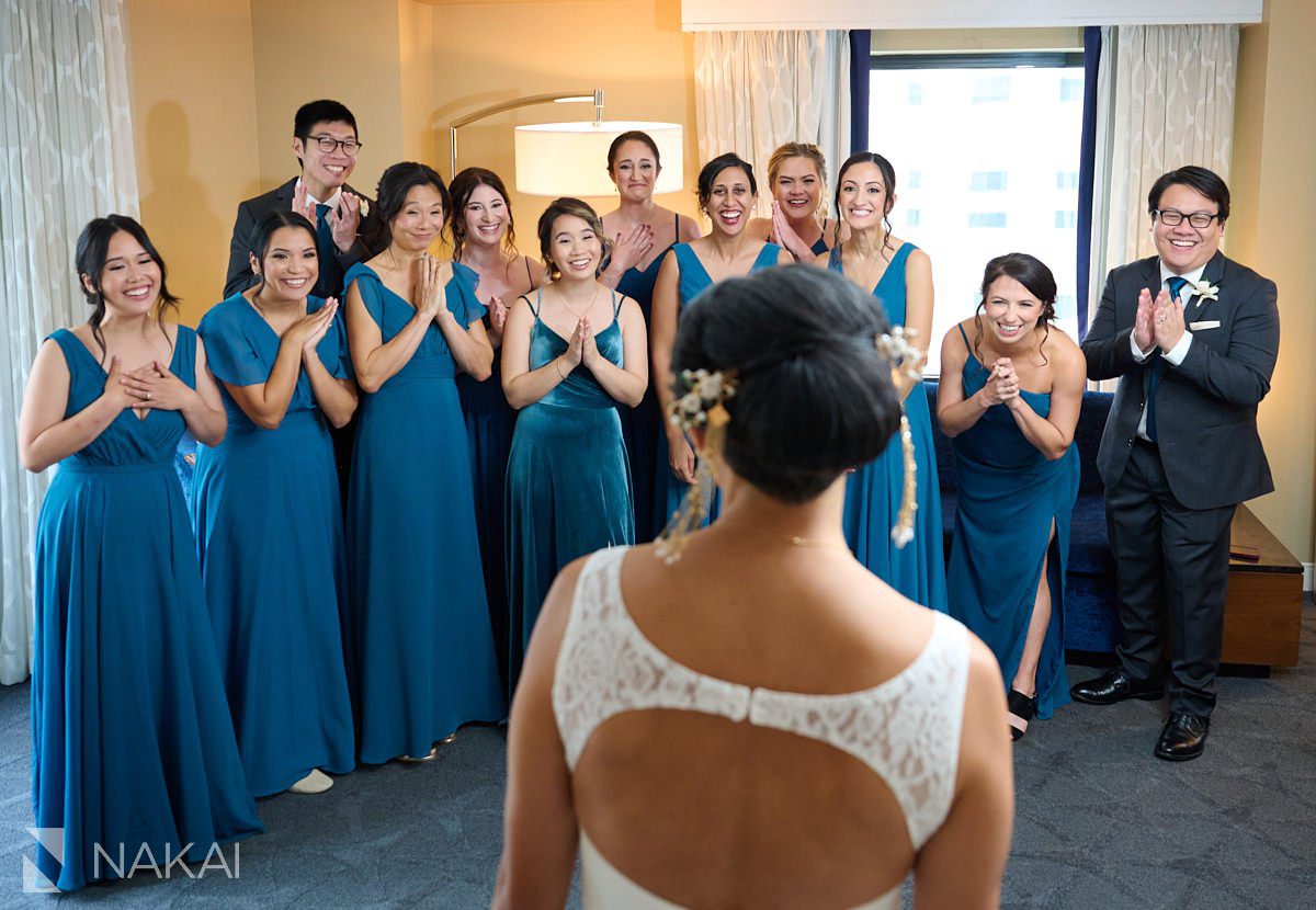 Renaissance Chicago wedding photos bride reveal to bridesmaids