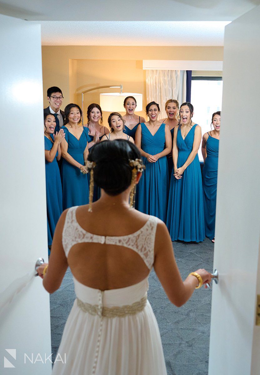 Renaissance Chicago wedding photos bride reveal to bridesmaids