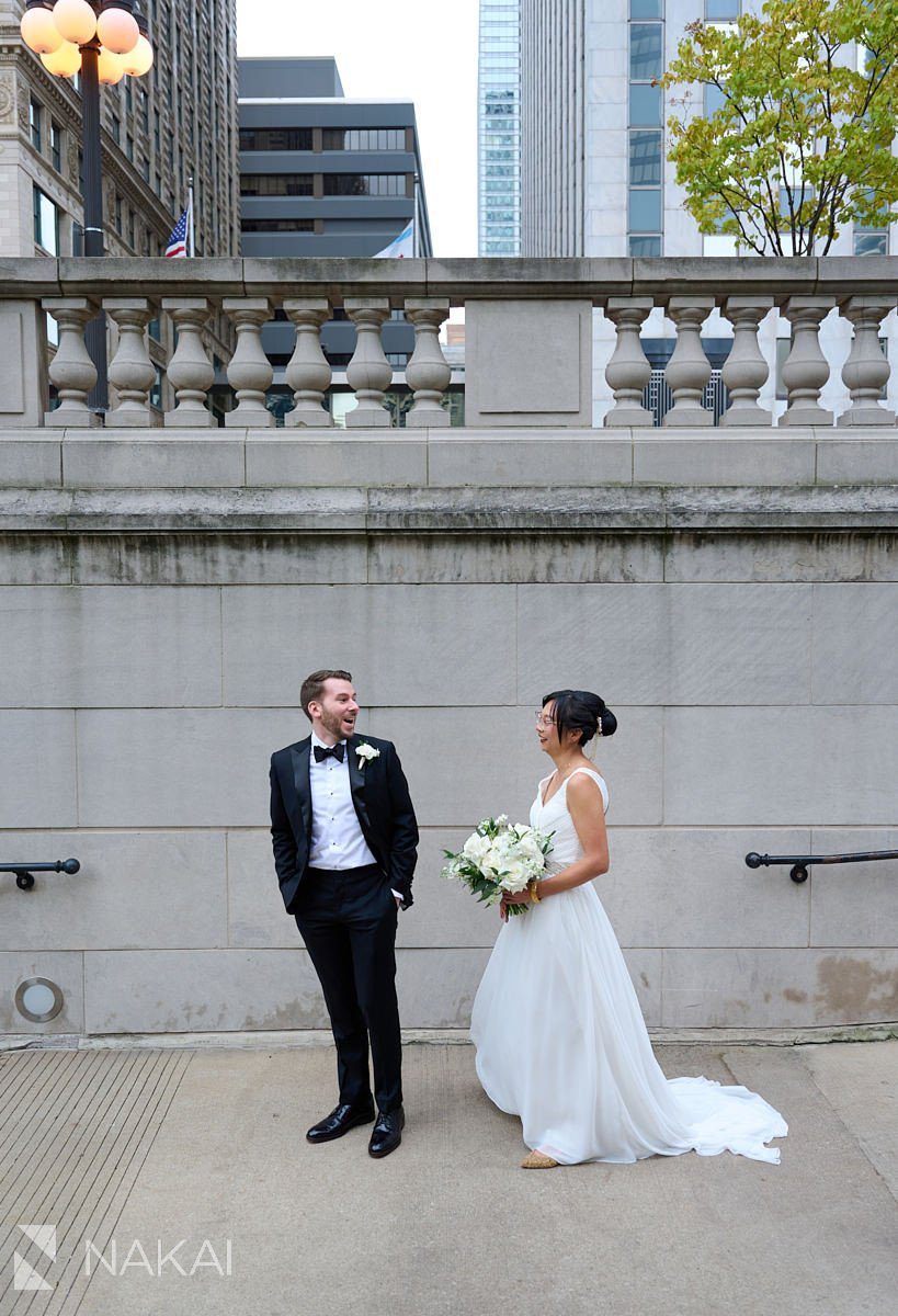 Riverwalk Chicago wedding photos first look multicultural