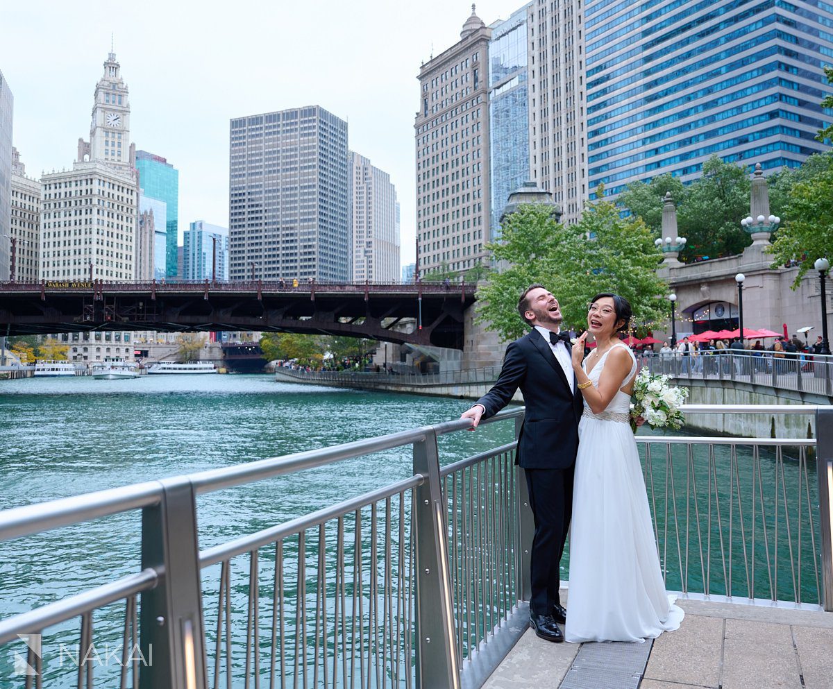 Riverwalk Chicago wedding photos multicultural bride and groom