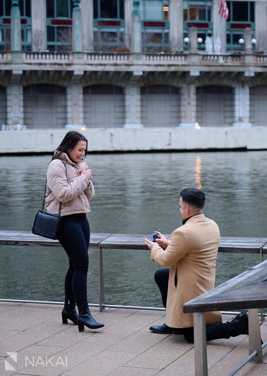 chicago proposal riverwalk photos on bended knee River in background