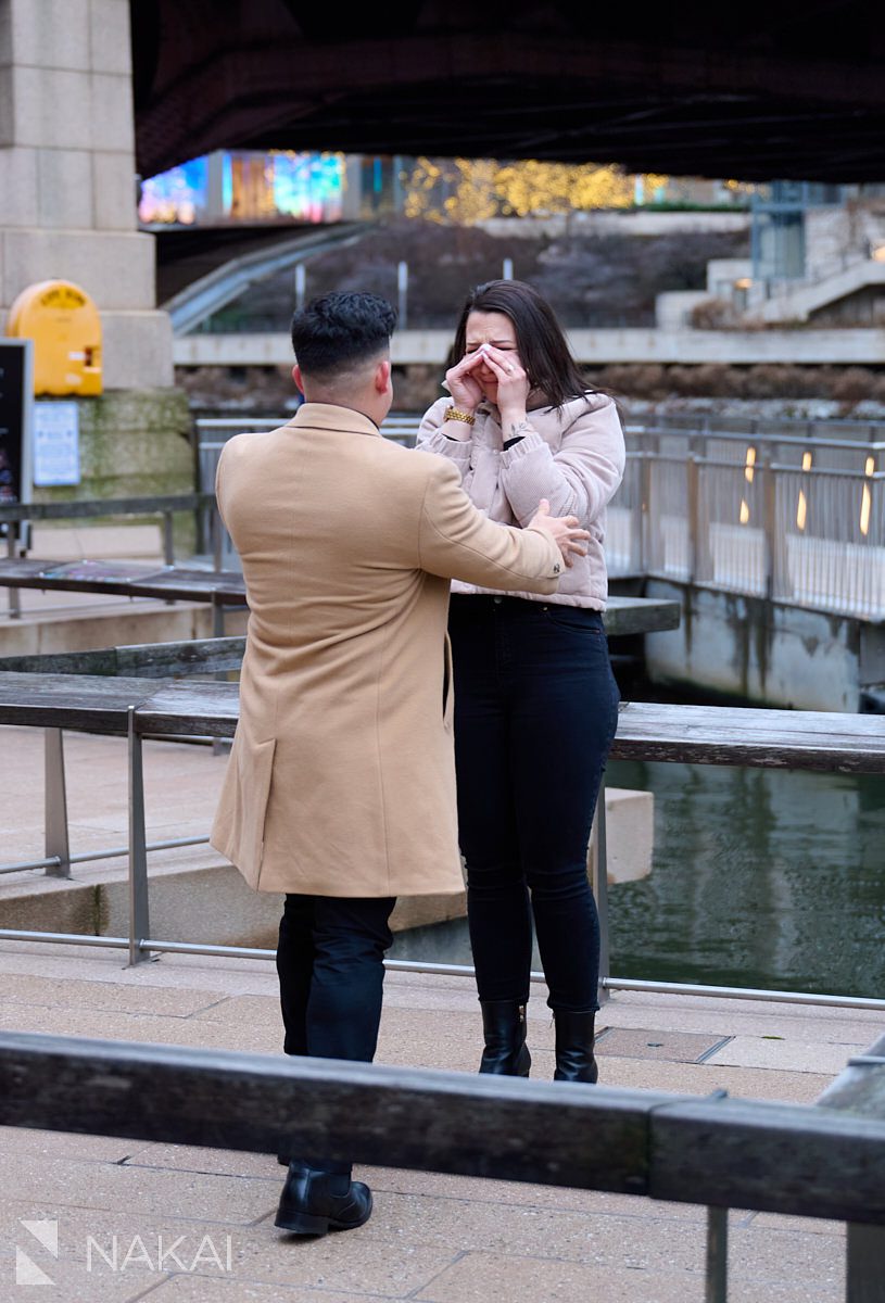 winter Chicago proposal photos riverwalk surprised emotion