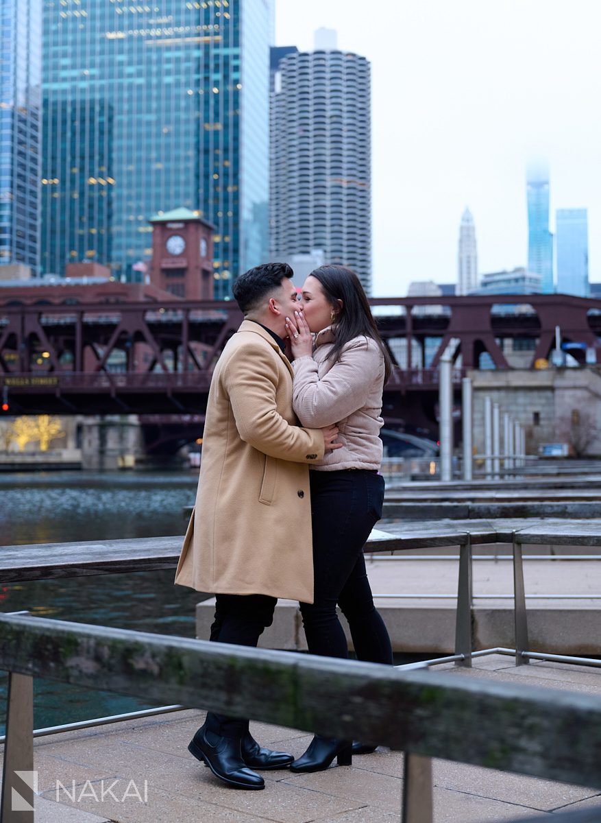 winter Chicago proposal photos riverwalk kiss