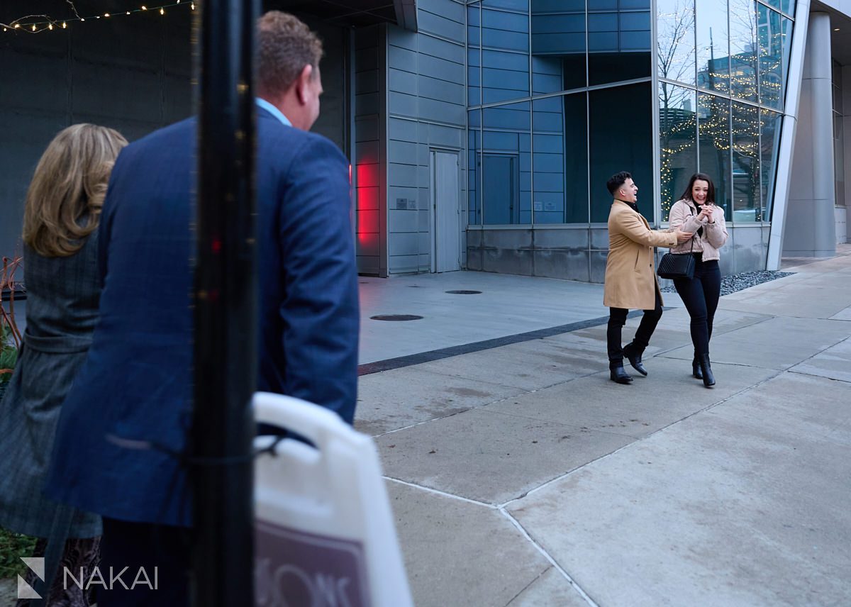 winter Chicago riverwalk proposal photos with family