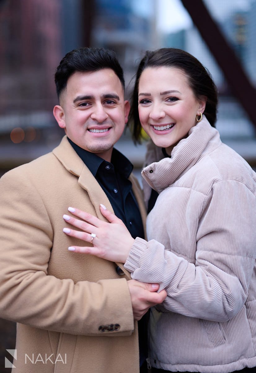 winter Chicago riverwalk proposal photos surprise