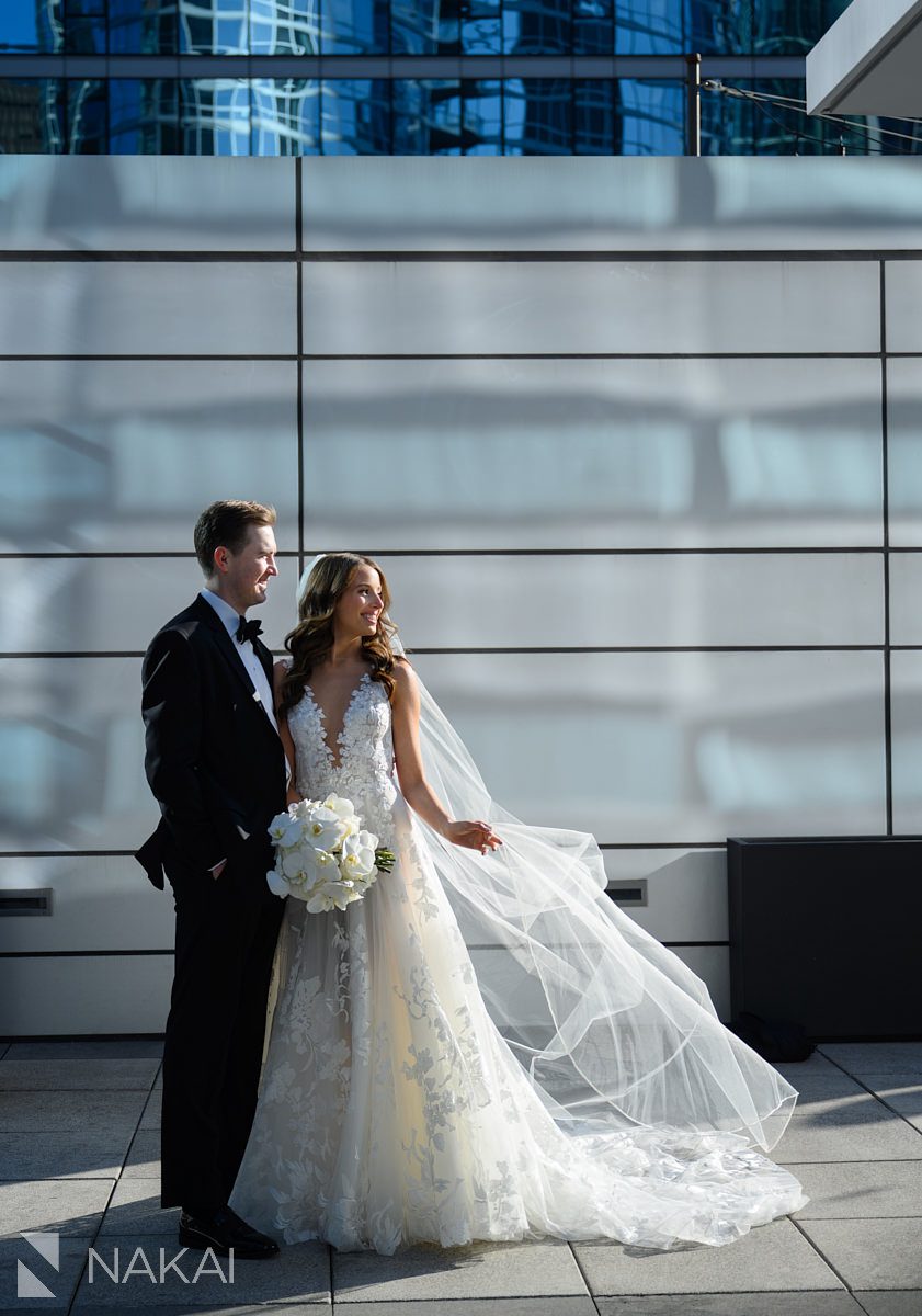 Loews Chicago Hotel wedding pictures bride groom portraits on rooftop terrace