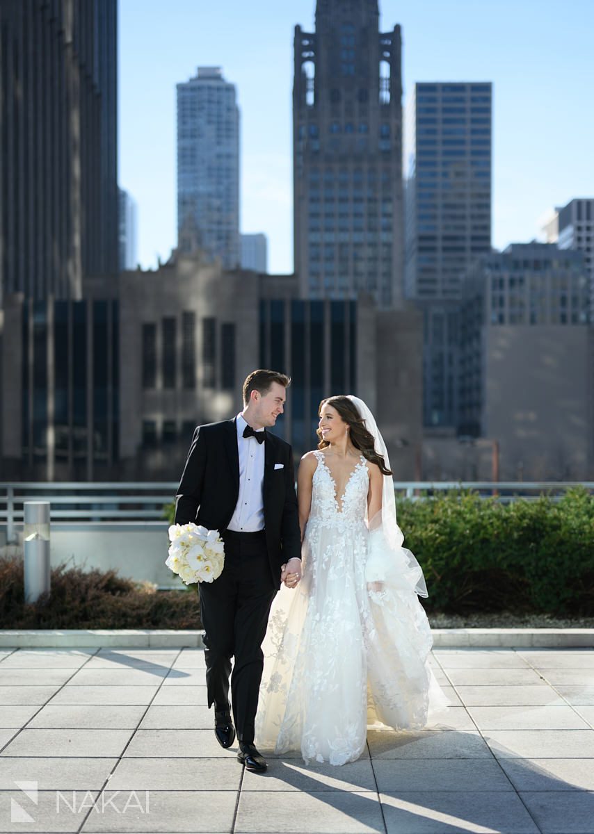 Loews Chicago Hotel wedding pictures first look on rooftop terrace