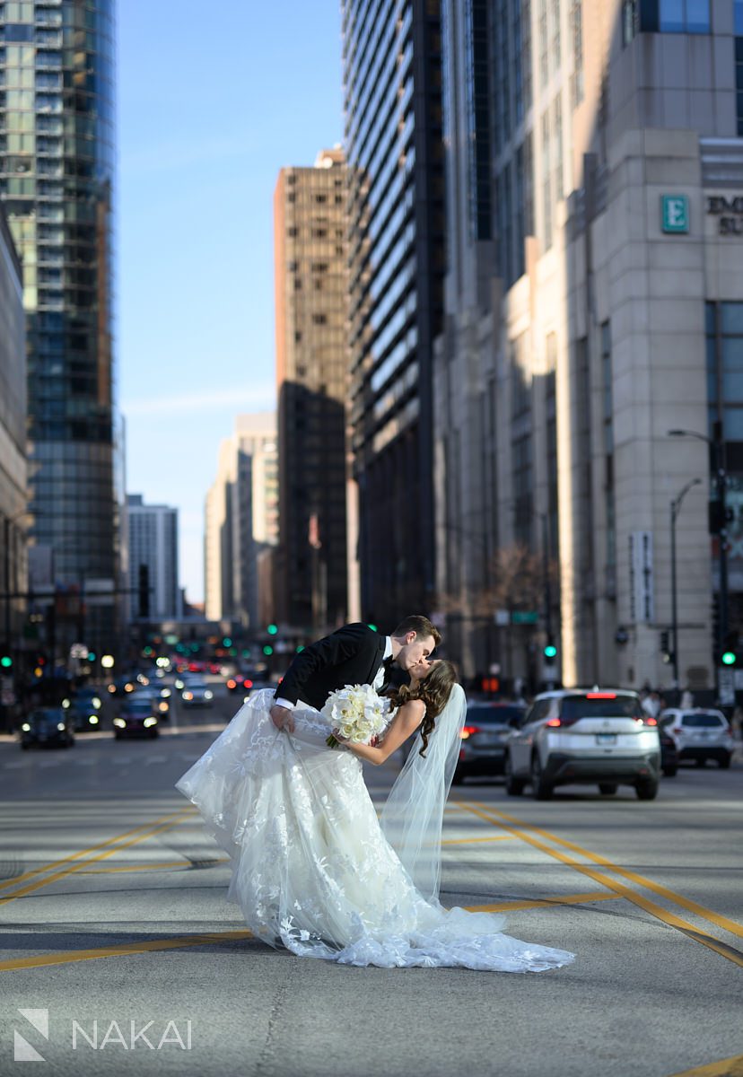 Loews Chicago Hotel wedding pictures outside bride and groom portraits Columbus dr