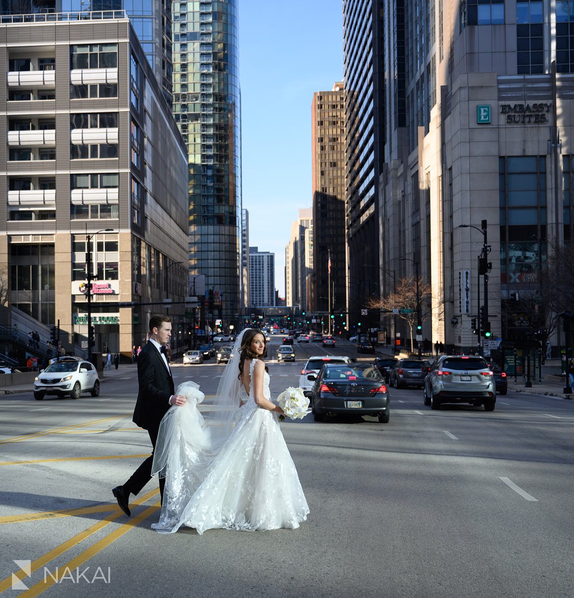 Loews Chicago Hotel wedding pictures outside bride and groom portraits Columbus dr