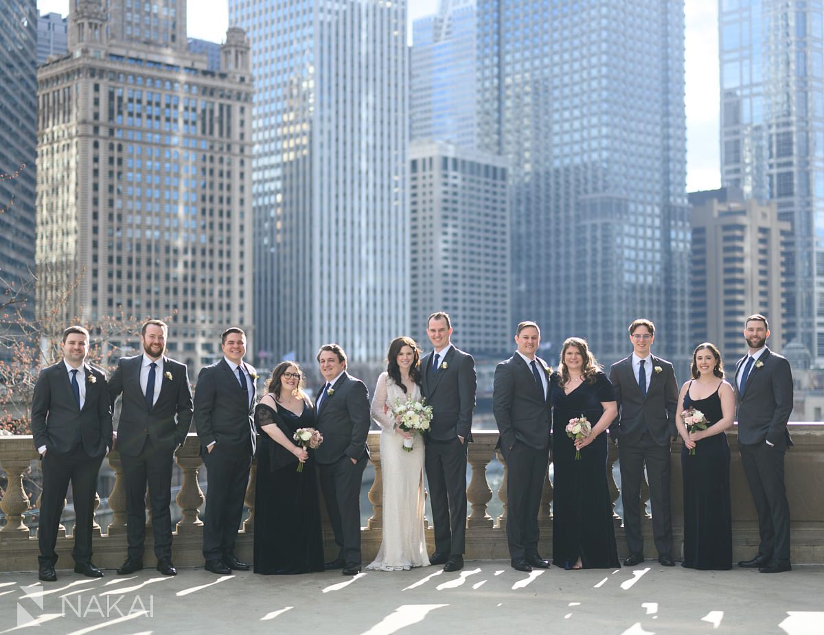 Chicago LondonHouse wedding photographer Wrigley building bridal party