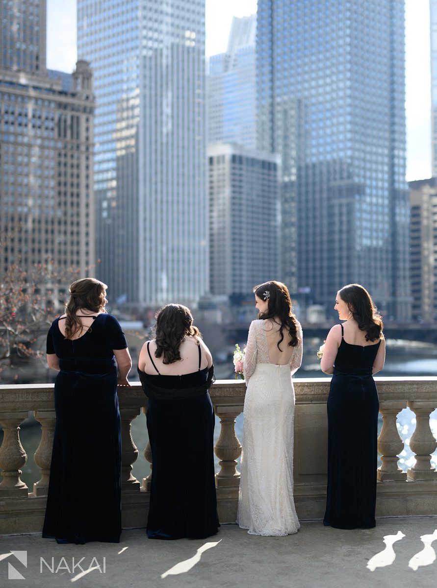 Chicago LondonHouse wedding photographer bridesmaids Wrigley building