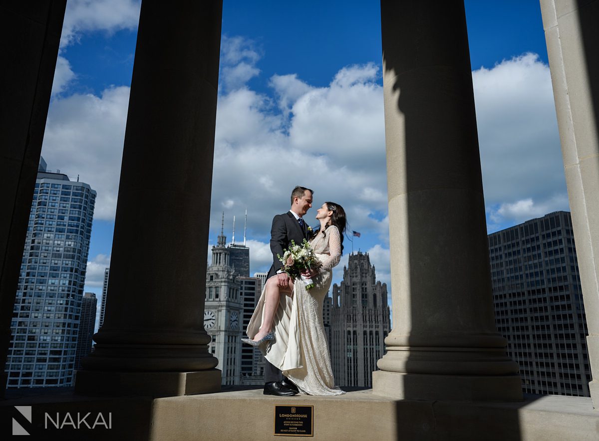 Chicago LondonHouse wedding photographer rooftop cupola bride groom