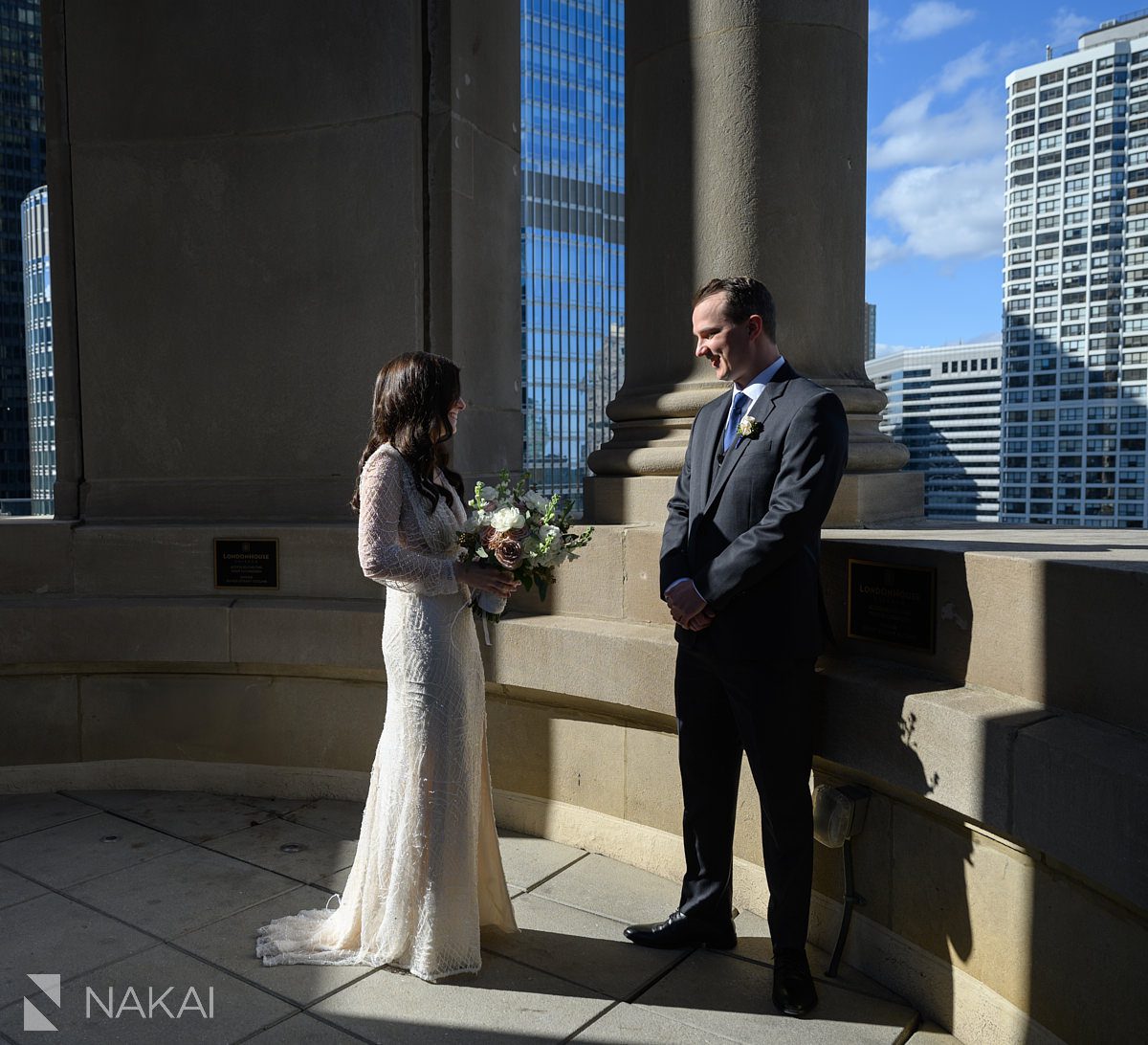 Chicago LondonHouse wedding photographer first look rooftop photos cupola